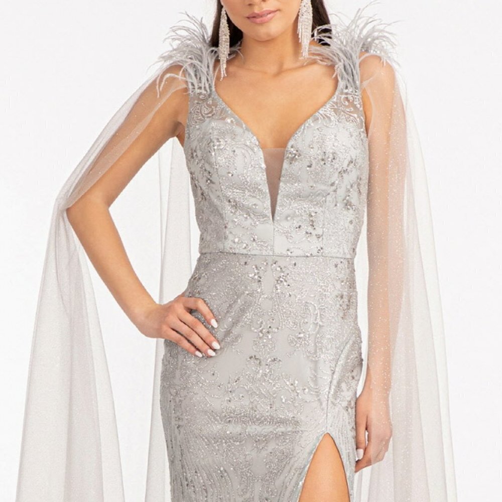 N/A NEW SILVER Feather Embellished Glitter Mesh Layer Drape EVENING DRESS GL3047